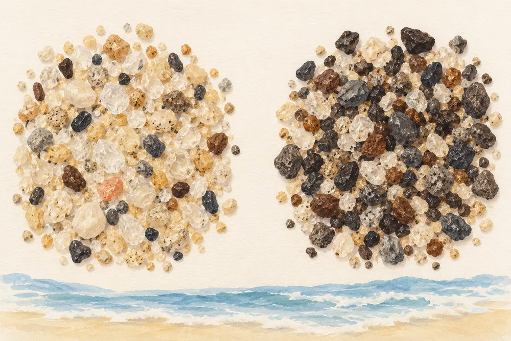 Illustration comparing two sand mixtures: the one on the left has scattered dark grains, and the one on the right has a larger share of them.