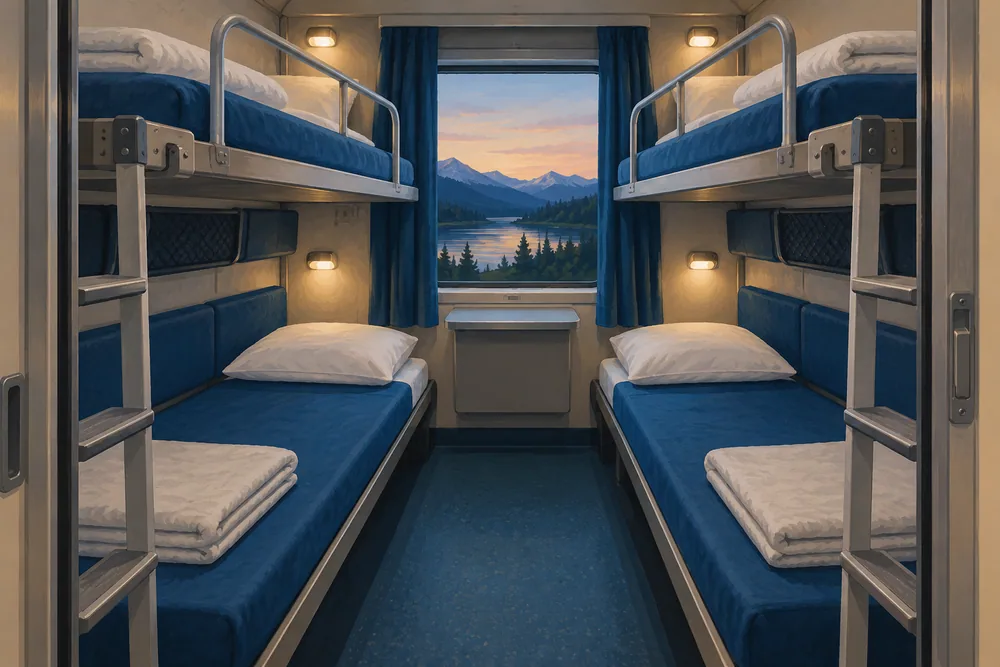Illustration of a compact shared train compartment with sleeping berths on two levels.