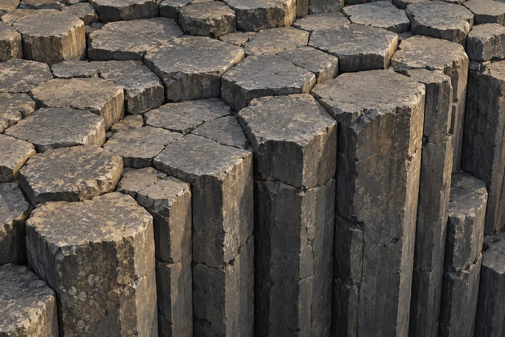 Illustrated close-up of adjoining basalt columns with varied polygonal tops.
