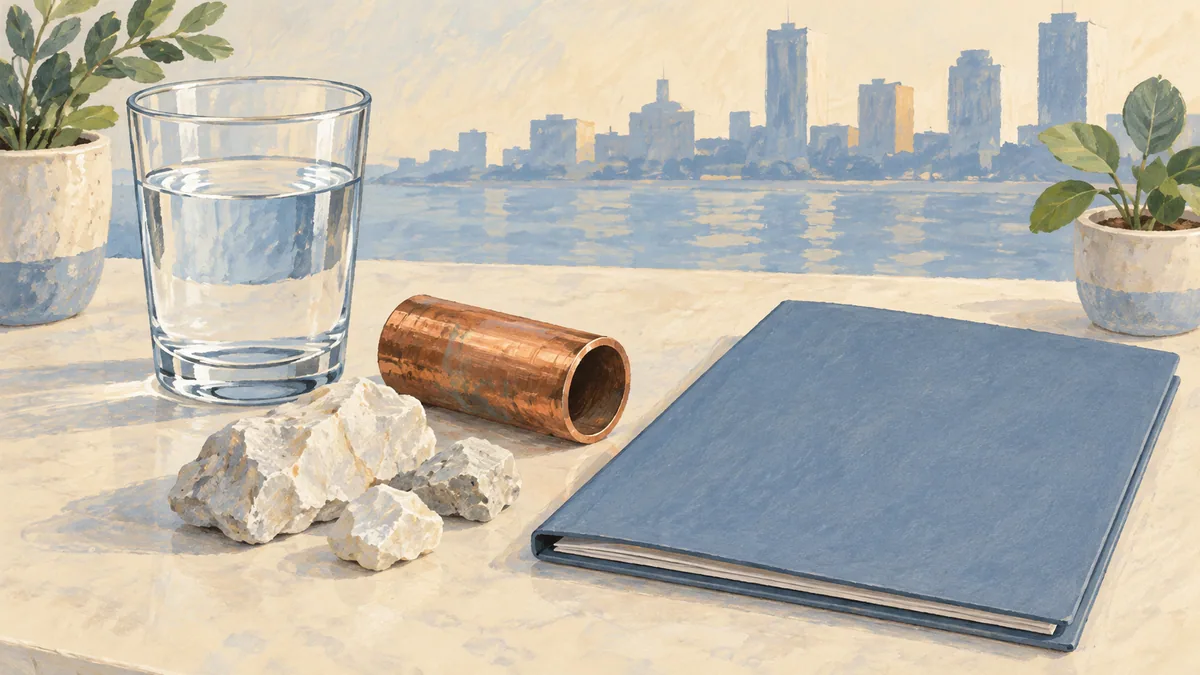 A water glass, pale rocks, copper-colored pipe and blank folder in an imagined setting.