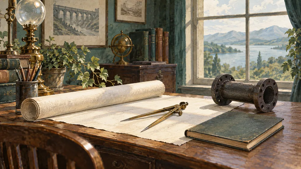 A period-inspired desk holds blank plans, brass dividers and a small iron pipe section.