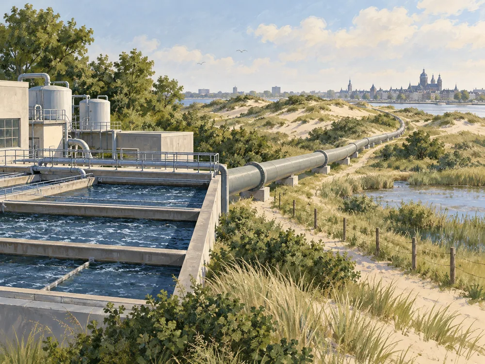 Conceptual pipe route extending from pretreatment equipment toward an illustrated dune landscape.