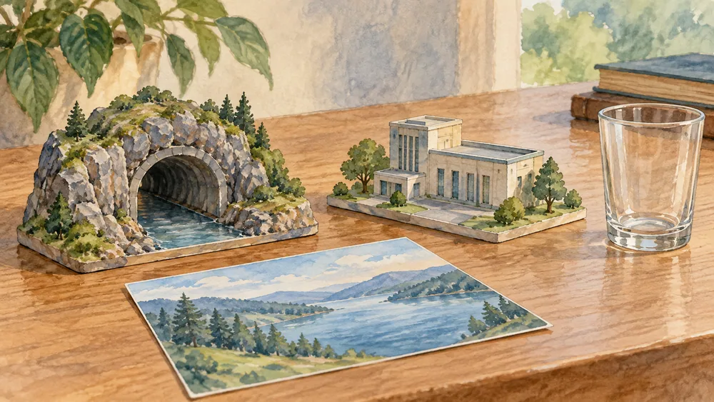 Separate imaginary tunnel and treatment-building models sit beside a lake-colored card.