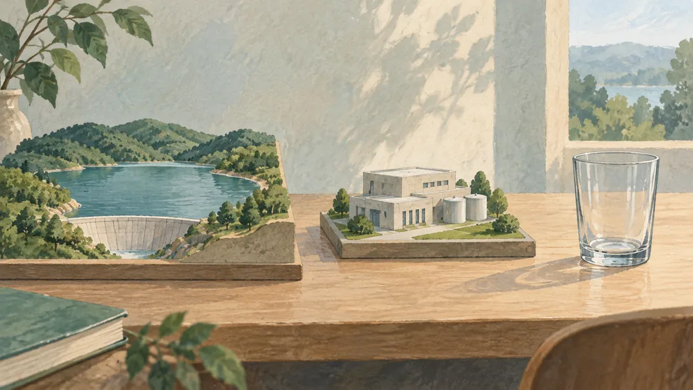 Separate models of a reservoir and treatment building beside an empty glass.