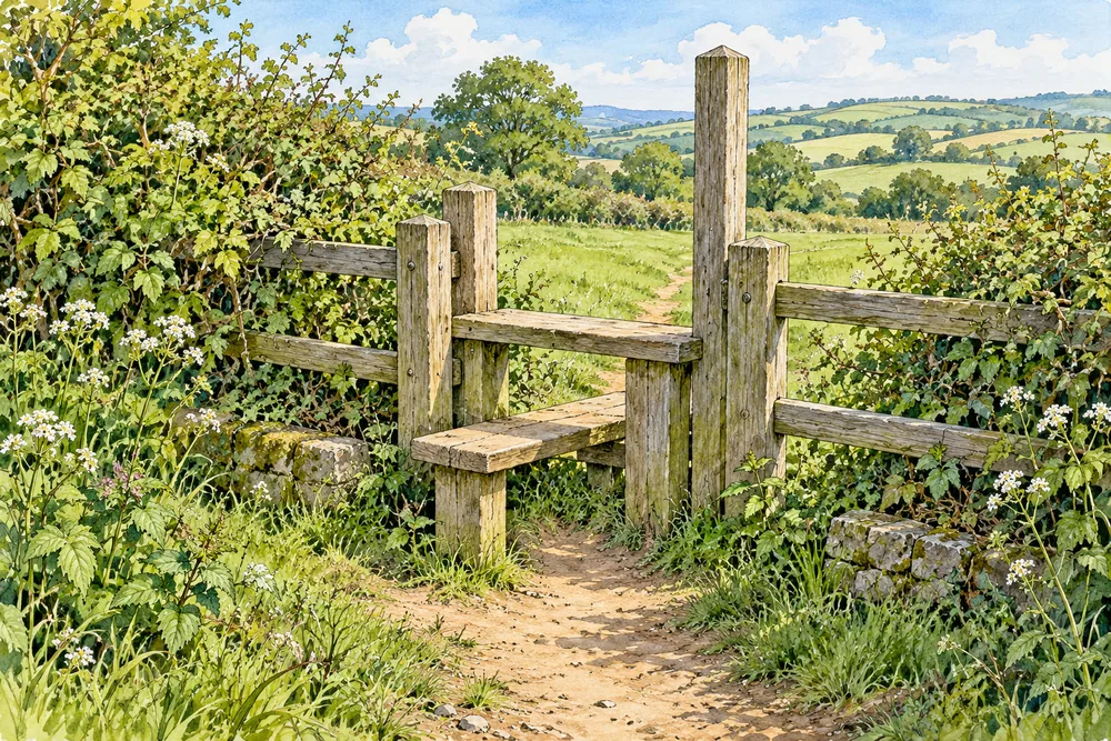 Illustrated wooden step-over field barrier with stepboards and a tall handpost between hedges.
