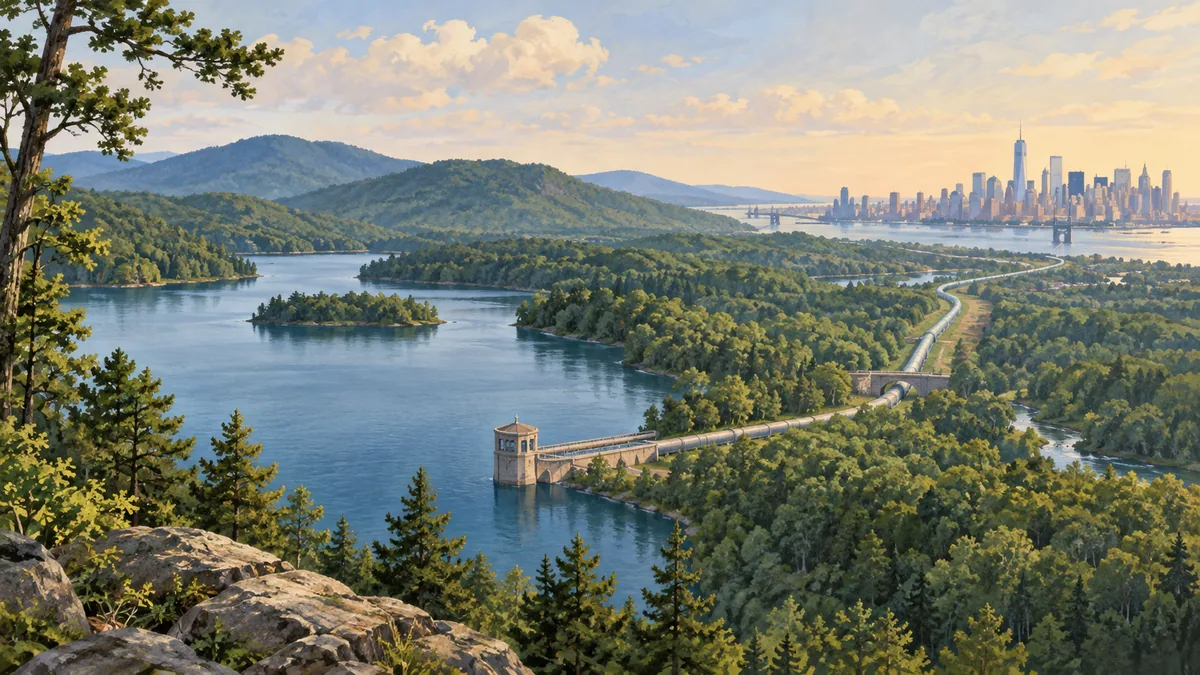 Conceptual landscape linking a forested upstate reservoir with a distant New York city skyline.