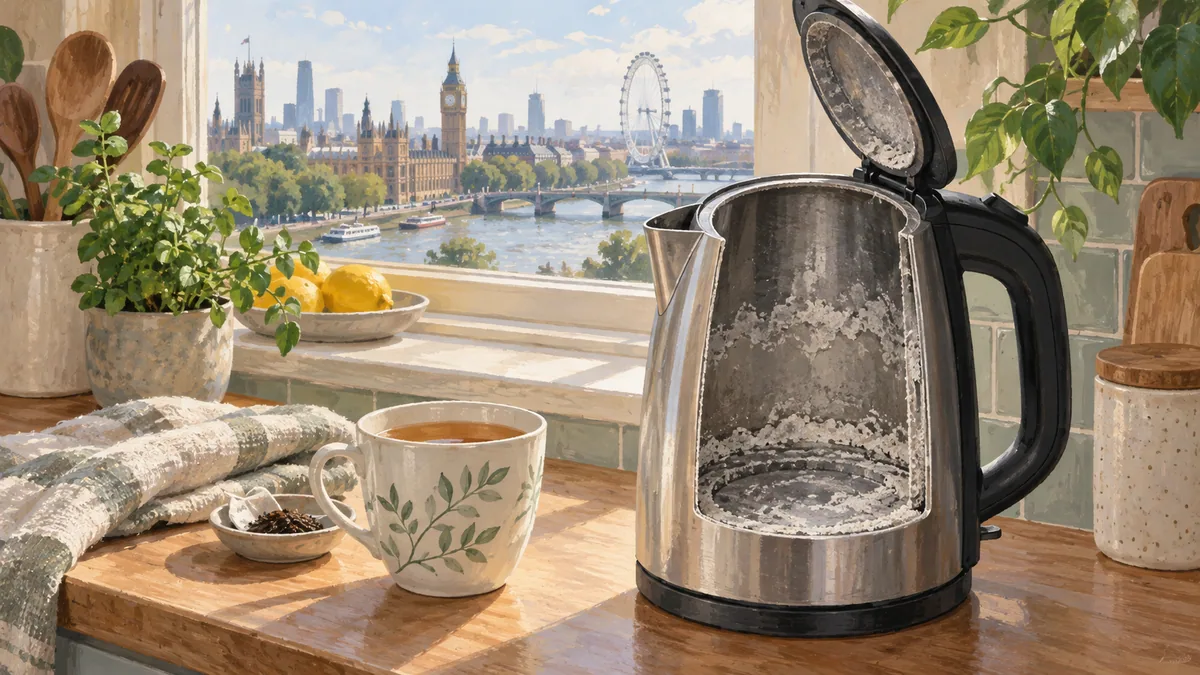 Illustrated London kitchen with a kettle, tea cup and white deposits, with a city skyline beyond the window.