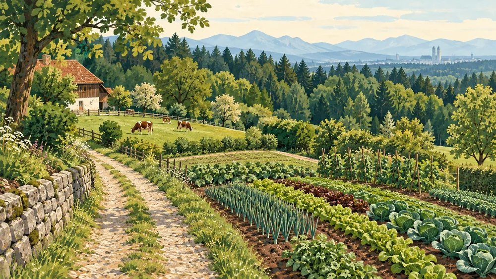 A fictional hillside farm with vegetable rows, pasture and woodland.