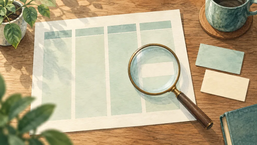 A magnifying glass over blank columns on a sheet, with two empty cards beside it.