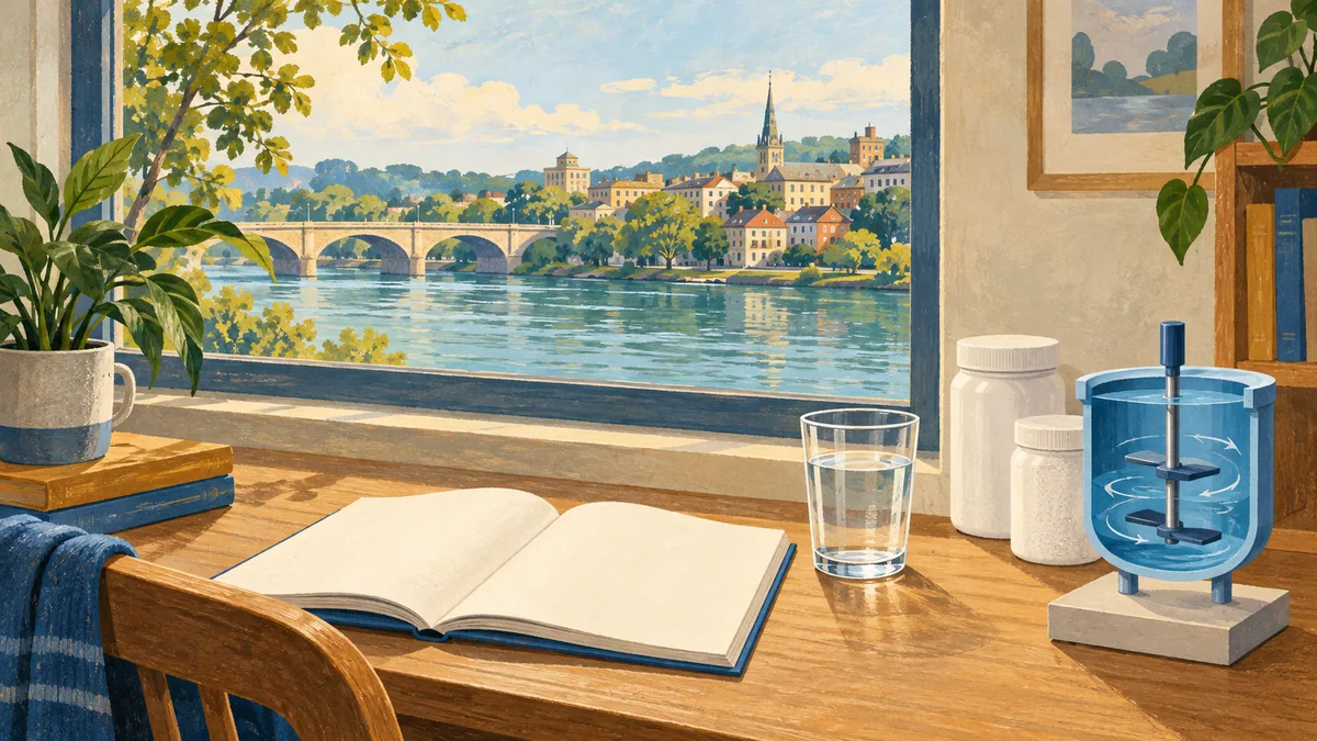 Generated illustration of a glass, blank booklet, closed jars and mixing-vessel model overlooking an invented riverside town.