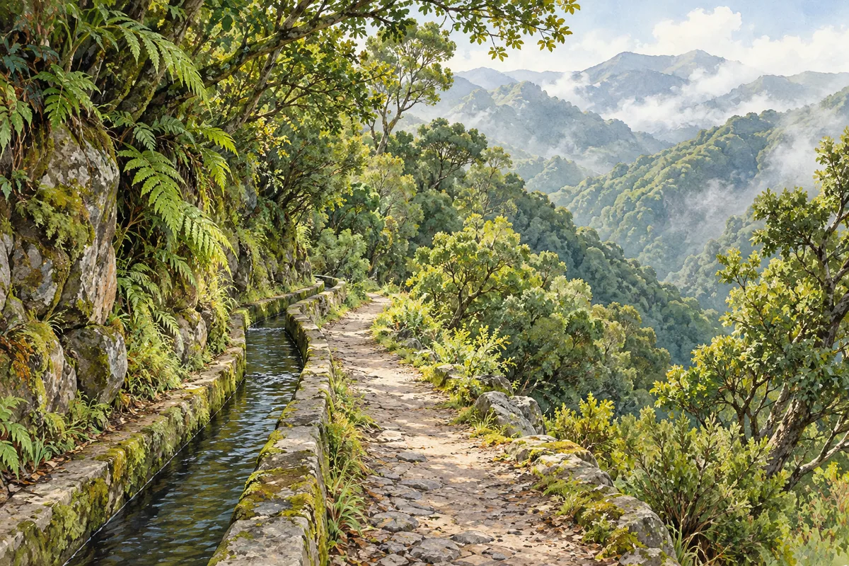 Illustration of a forest path beside a stone water channel on a green Madeiran mountainside.