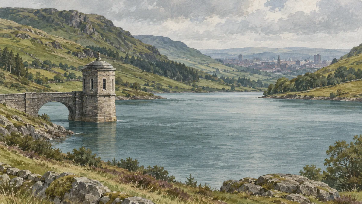 A painted reservoir and stone intake tower between hills, with an imagined city in the distance.