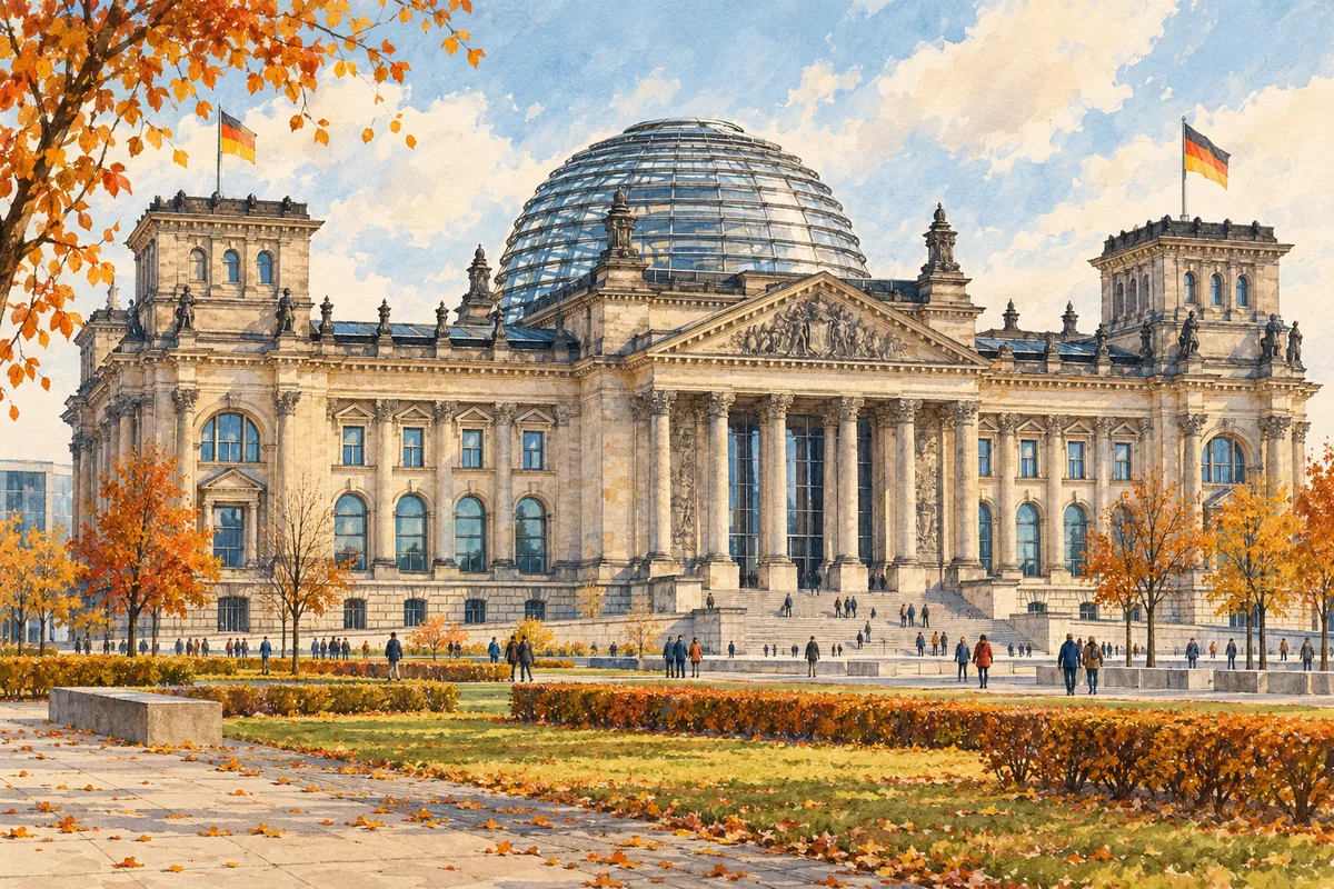 Illustrated Reichstag facade and glass dome beneath an autumn sky in Berlin.