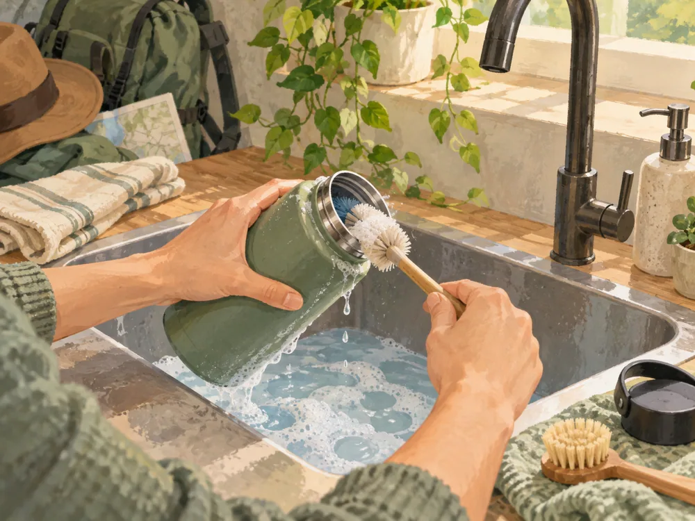 Illustrated hands washing a reusable bottle with a brush at a sink in a simple kitchen setting.