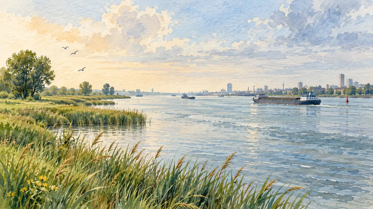 A painted Dutch river and low urban shoreline extend beyond a foreground reed bank.