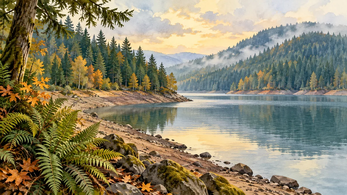 Illustration of an invented forested reservoir landscape with autumn ferns in the foreground.