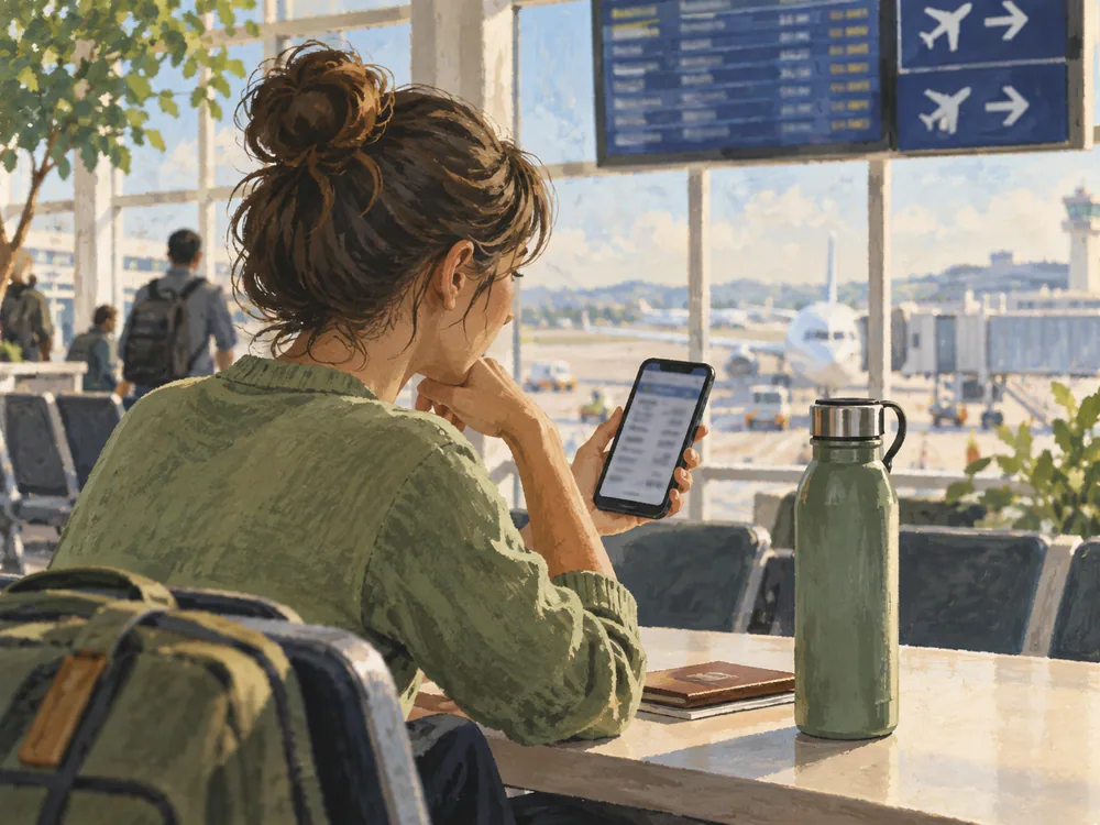 Illustrated traveler checking an unreadable phone beside a bottle at an airport while planning onward travel.