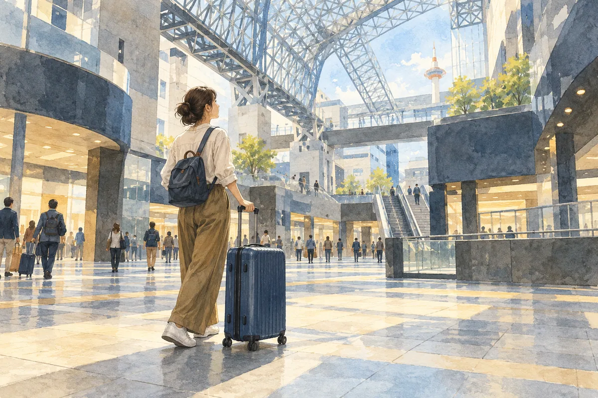 Watercolor illustration of a traveller with a suitcase and daypack in a spacious Japanese railway concourse.