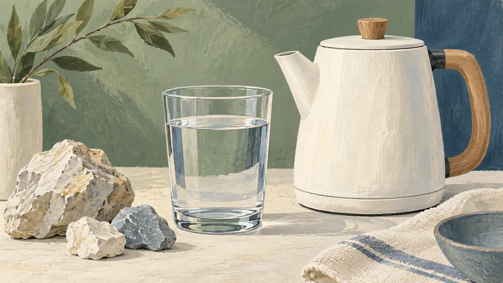 A glass of water and pale rock fragments beside a plain ceramic pot.