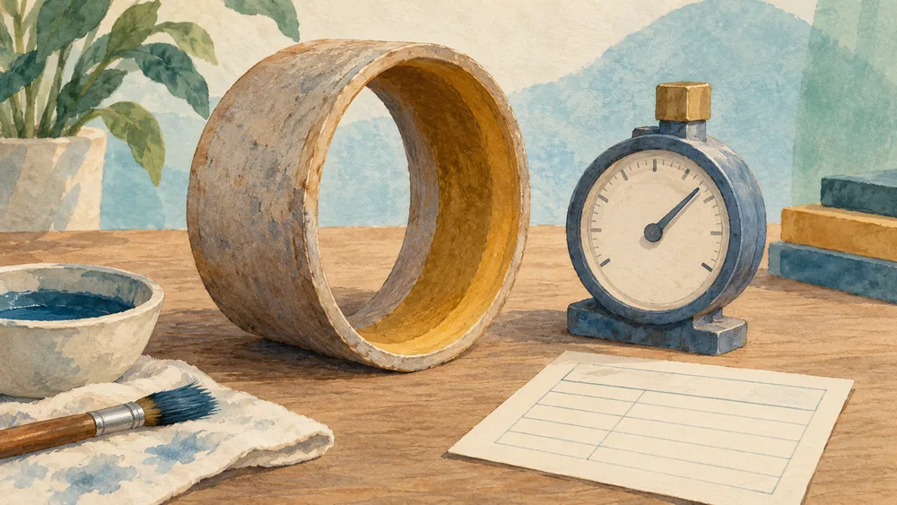 Generated illustration of a clay pipe craft model, an unnumbered dial and a blank record card.