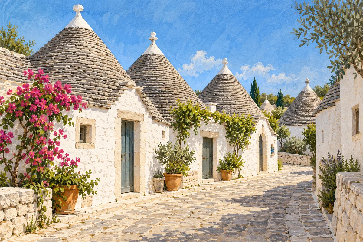 Illustration of whitewashed trulli with conical gray stone roofs beside a narrow lane.