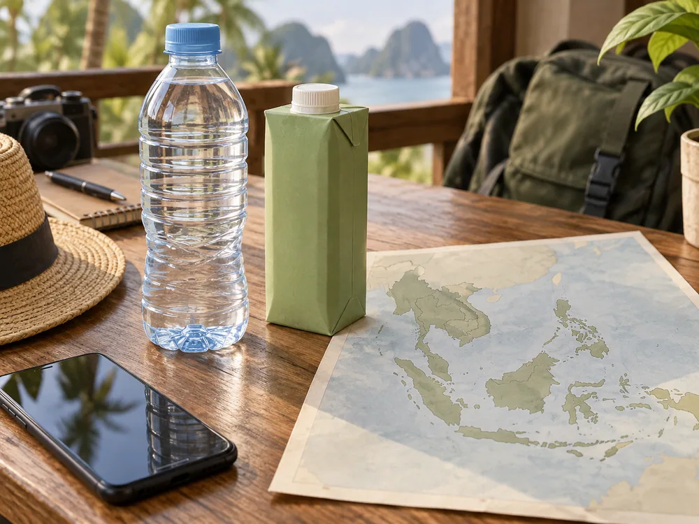 A water bottle, sealed drink container and phone sit beside a regional map on an illustrated travel desk.