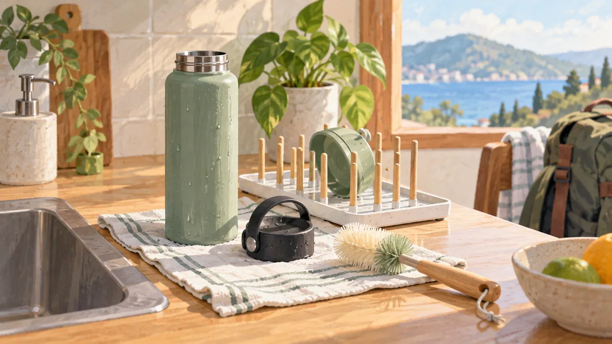 Illustrated accommodation kitchen with a reusable bottle, lid, cleaning brush and drying rack.