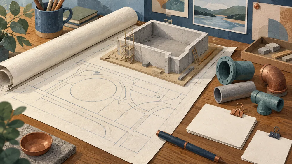 Illustration of abstract engineering drawings, an unfinished basin model, pipe fittings and blank cards.