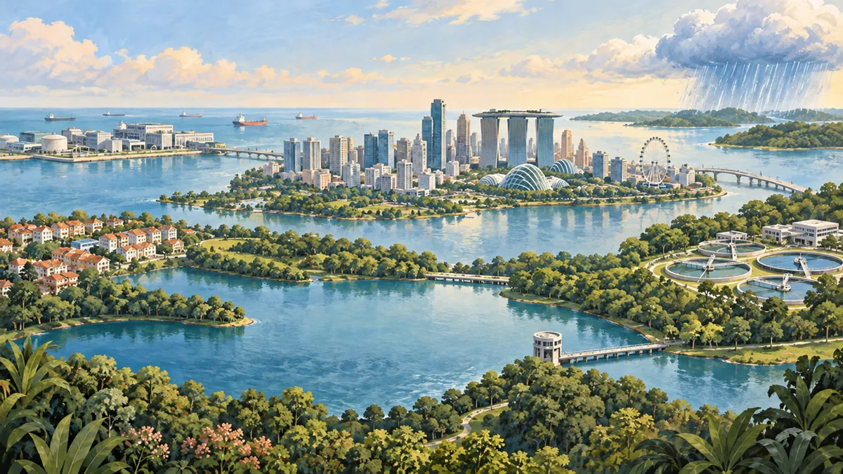 Conceptual Singapore city and reservoir landscape with several suggested water-source routes.