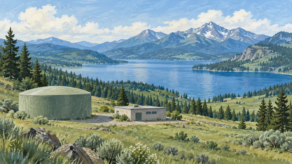 Conceptual illustration of a mountain lake, covered storage tank and plain treatment building.