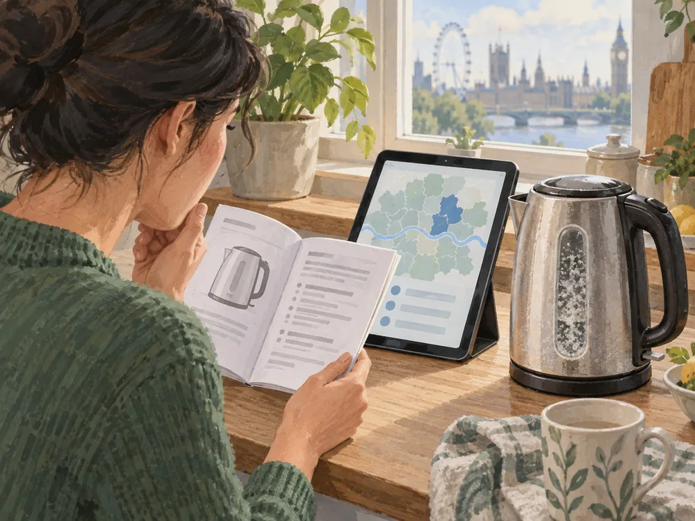 Illustrated person consulting an appliance manual and a supplier-lookup screen beside a kettle.
