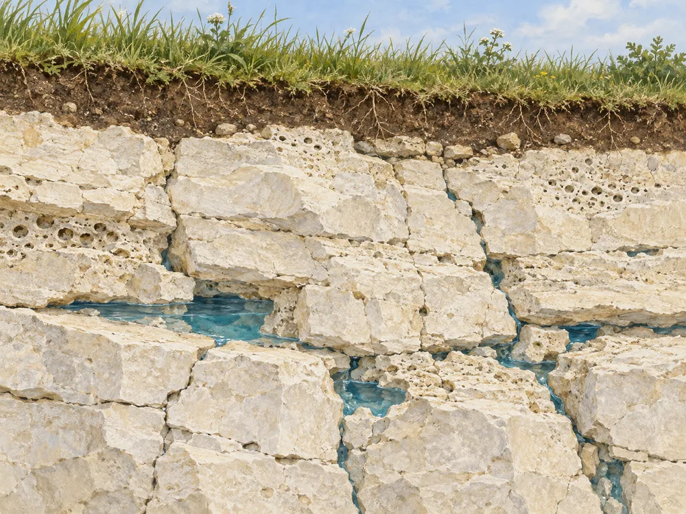 Conceptual cutaway of fractured chalk and limestone below a grassy surface, with water in the gaps.