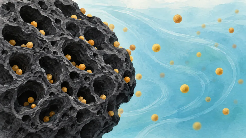 Generated conceptual close-up of small dots attaching to an irregular porous carbon particle.