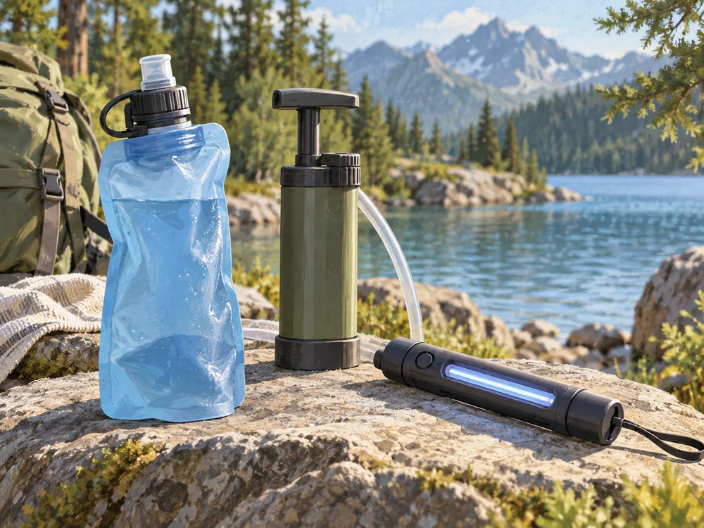 Illustrated close-up of a squeeze filter, pump filter and UV pen, each shown as a separate unbranded design.