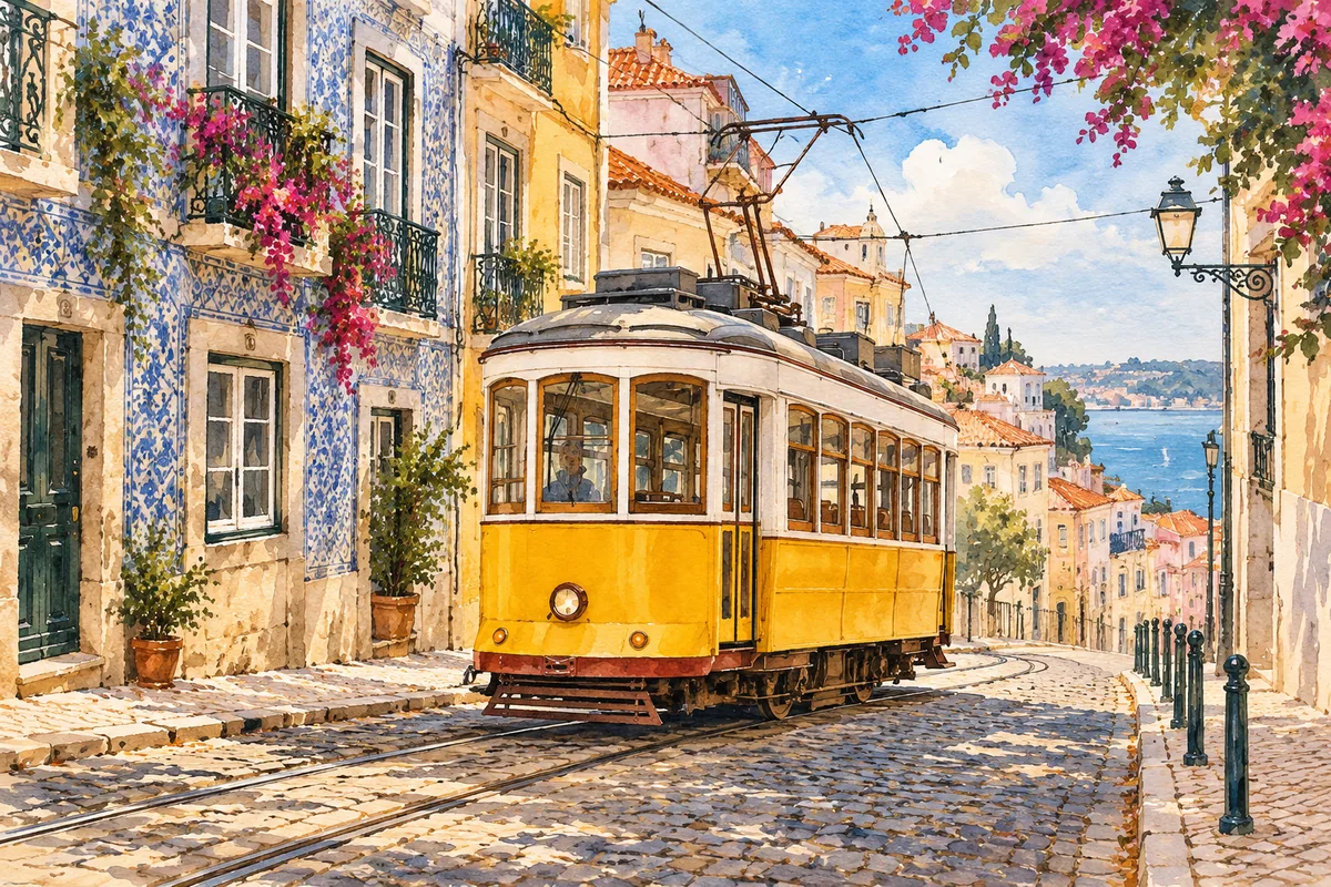 Yellow tram on an illustrated Lisbon street lined with tiled buildings.