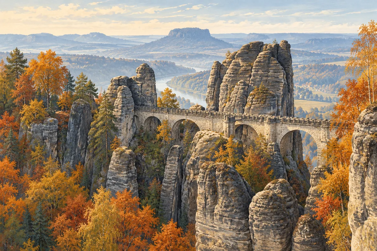 Illustration of a stone bridge among sandstone rock towers above an autumn river valley.