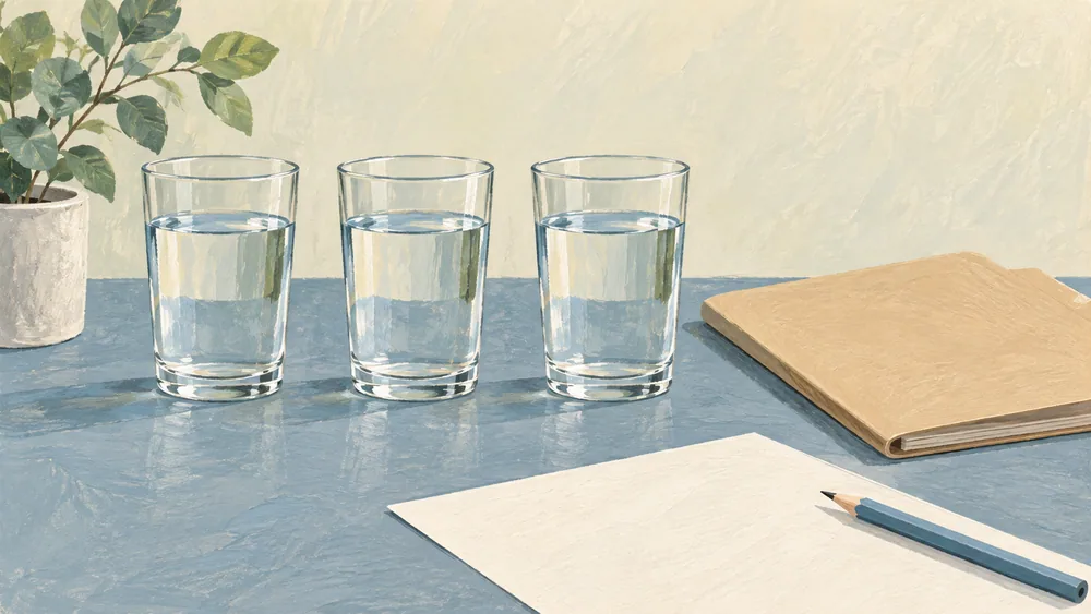 Three illustrated clear-water glasses with equal levels beside blank paper and a plain folder.