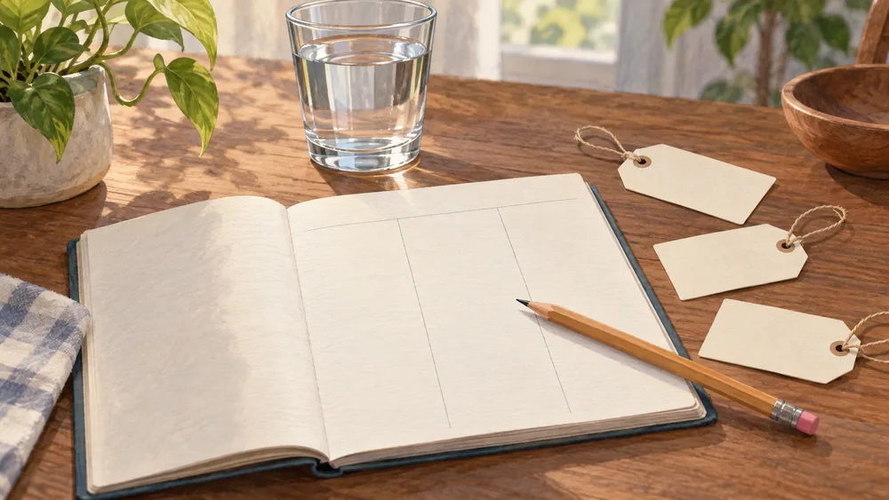 Blank three-column ledger, three unmarked paper tags, pencil and water glass.
