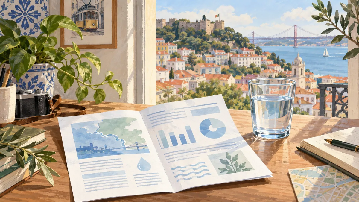Illustrated Lisbon desk with water-report papers and a glass, overlooking a tiled city scene through a window.