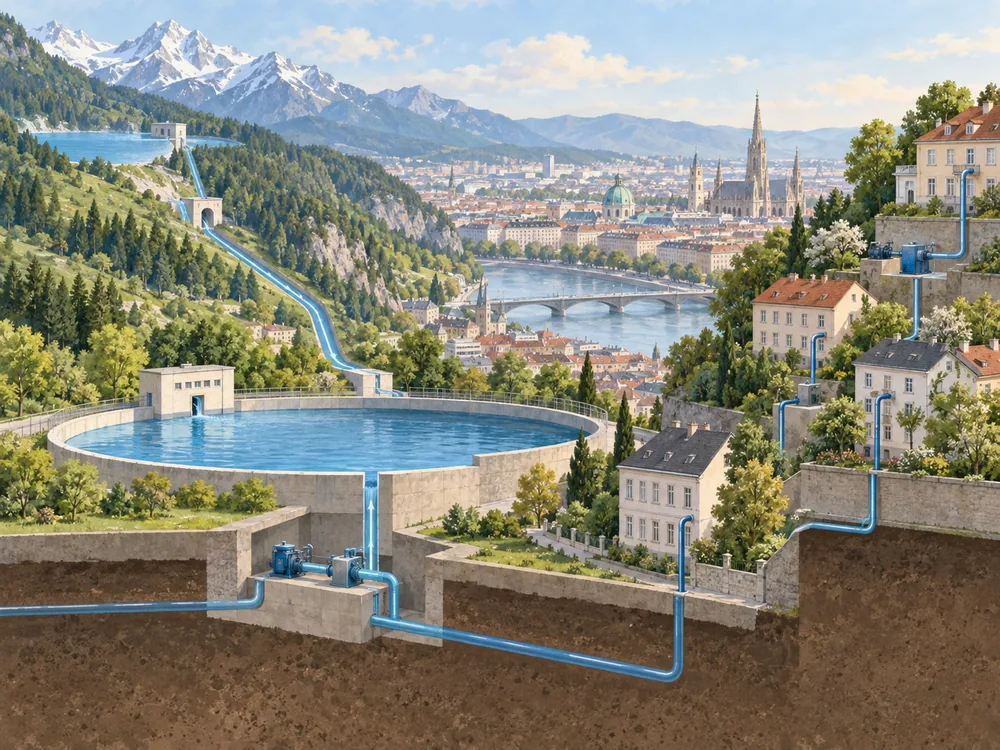 Conceptual city scene showing a reservoir, small pumps and homes at different heights in an illustrated landscape.