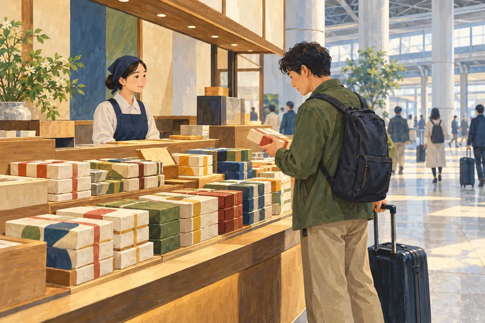 Illustration of a traveler choosing a wrapped boxed meal from a station counter.