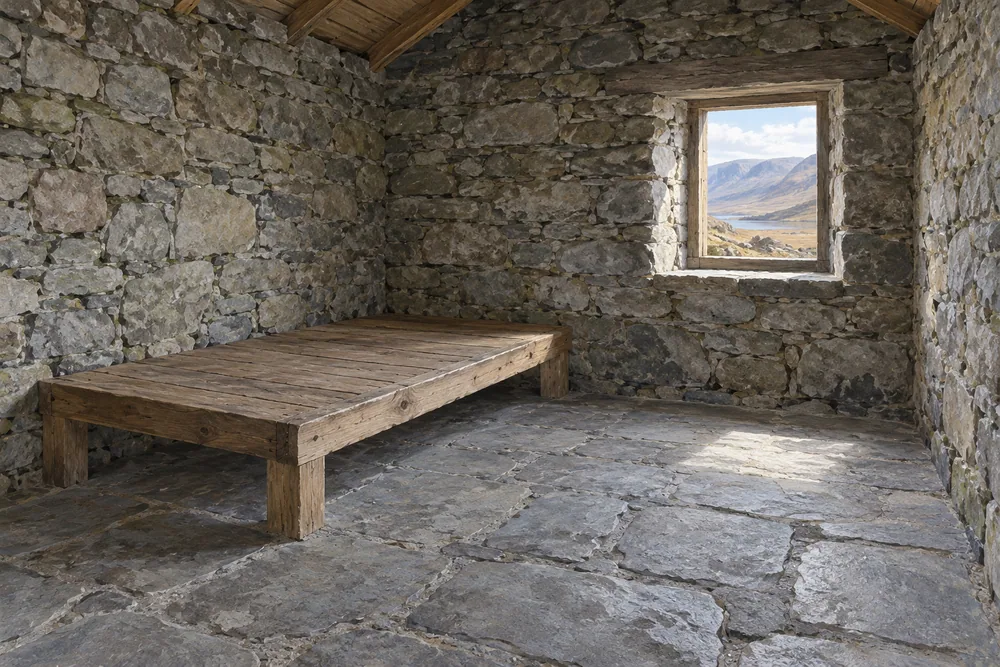 Illustration of a bare stone room with a low wooden sleeping platform and a daylight window.