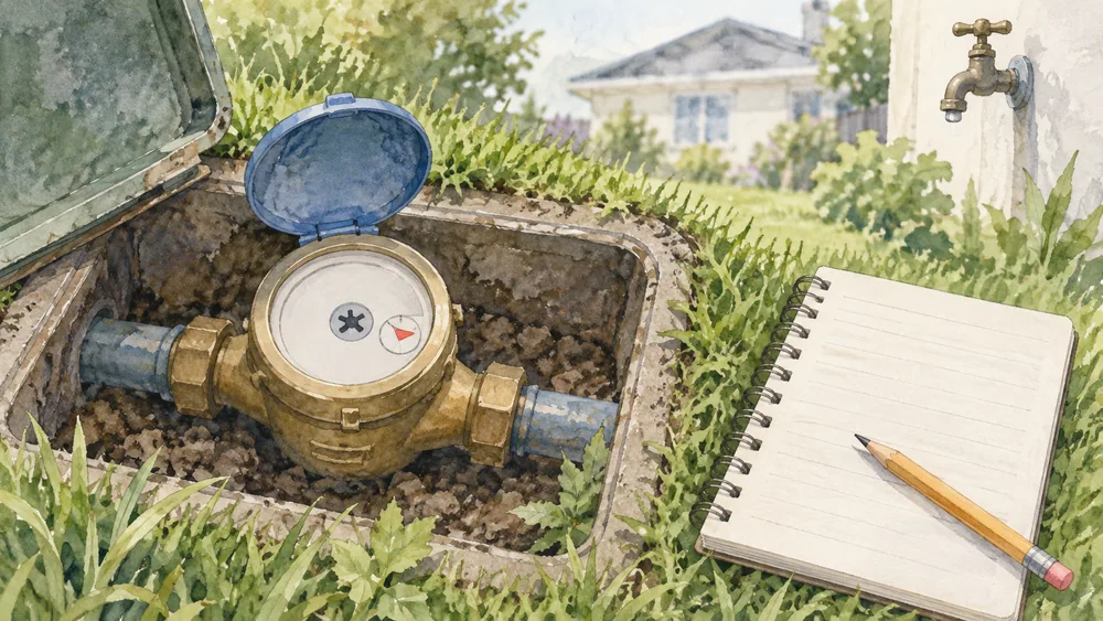 An anonymous meter beside a blank notebook, with a closed tap in the background.