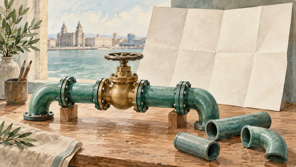 A plain valve-and-pipe model with detached pipe sections and a blank folded sheet.