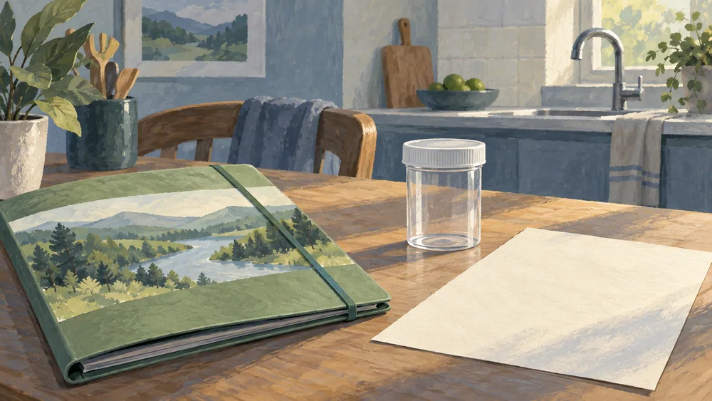 A landscape folder, empty sample container and blank sheet beside a kitchen.