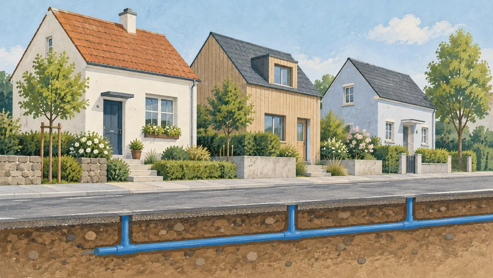 Three imagined homes above a blue distribution pipe.