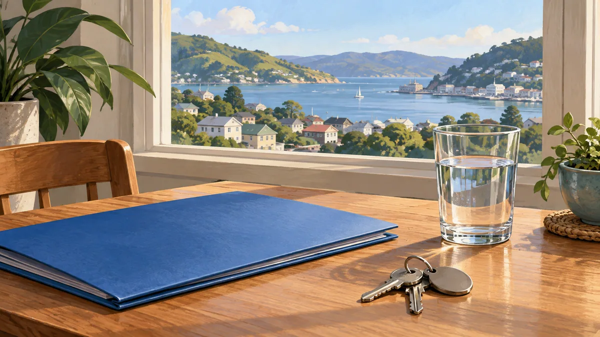 Plain blue folder, keys and water glass with an imagined harbour neighbourhood beyond a window.