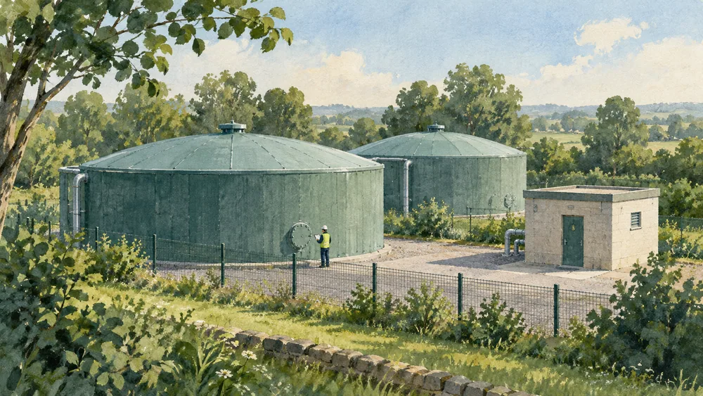 Two generic covered tanks and a small building, with a worker outside a closed hatch.