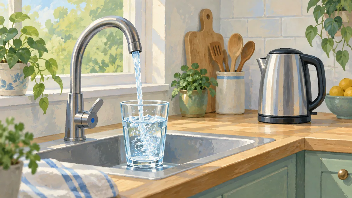 Water filling a glass at a kitchen tap beside an electric kettle.