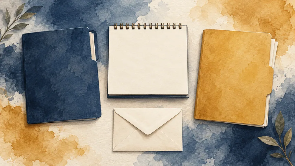 Illustration of navy and ochre folders beside a blank spiral notepad and envelope.